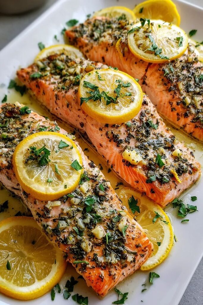Baked salmon fillets with lemon slices, herbs, and garlic on a white plate. Delicious and fresh seafood dish.