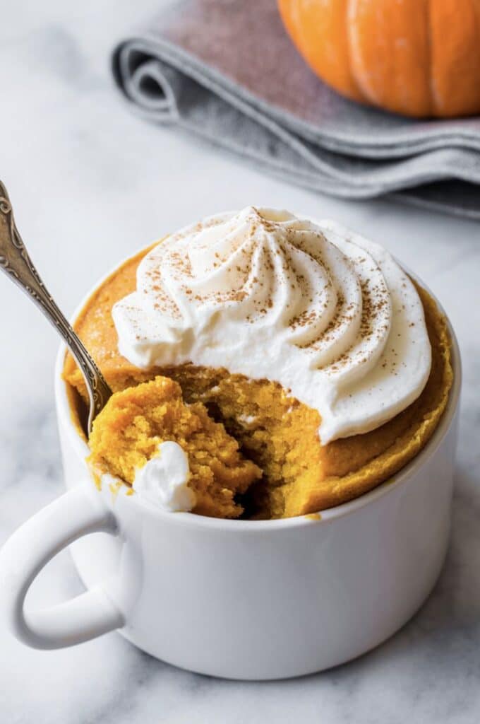 Pumpkin mug cake topped with whipped cream and cinnamon in a white mug on a marble surface.