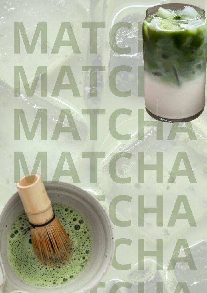 Iced matcha latte and whisked matcha in bowl, with repeated MATCHA text background. Refreshing green tea drink.