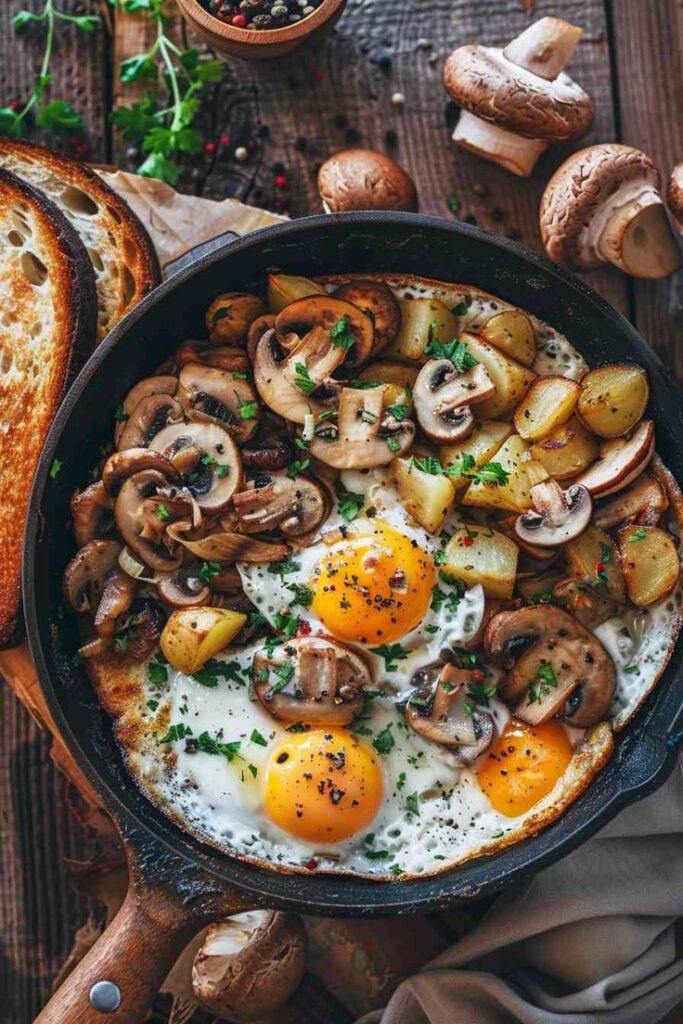 Skillet with fried eggs, mushrooms, and potatoes garnished with herbs, served with toasted bread.