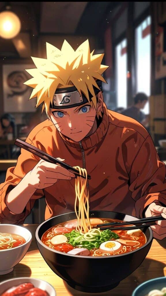 Anime character enjoying a bowl of ramen with chopsticks in a cozy noodle shop setting.