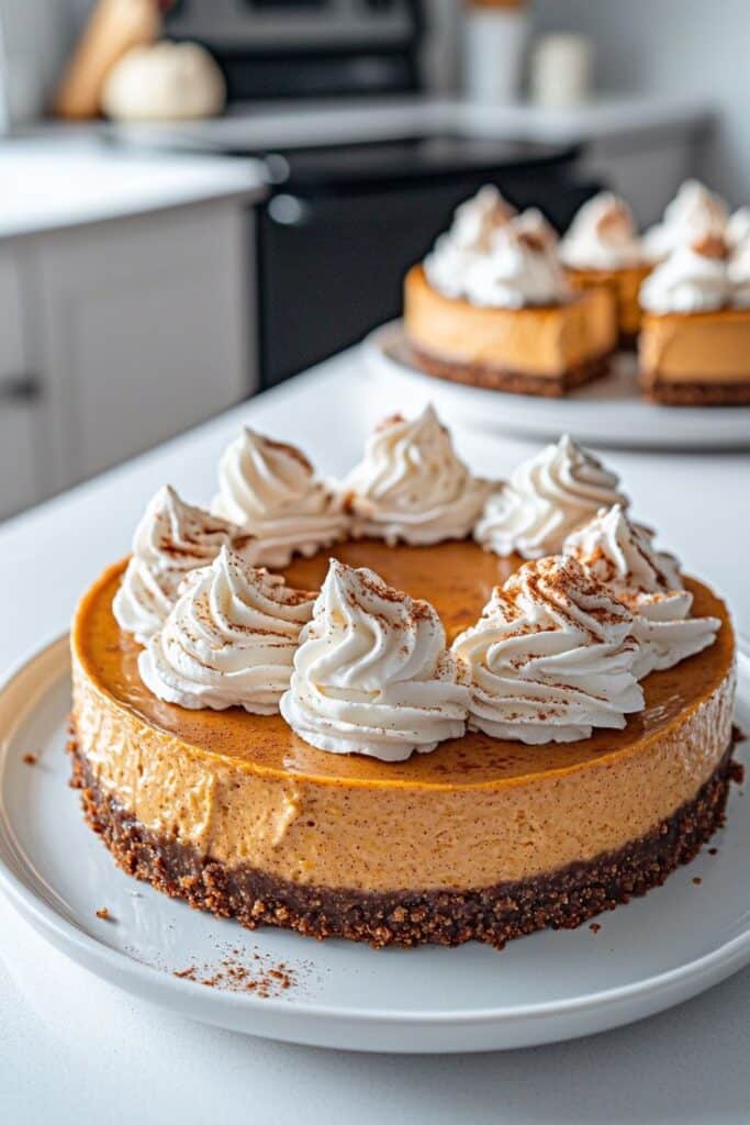Pumpkin cheesecake topped with whipped cream and cinnamon, served on a white plate in a bright kitchen.