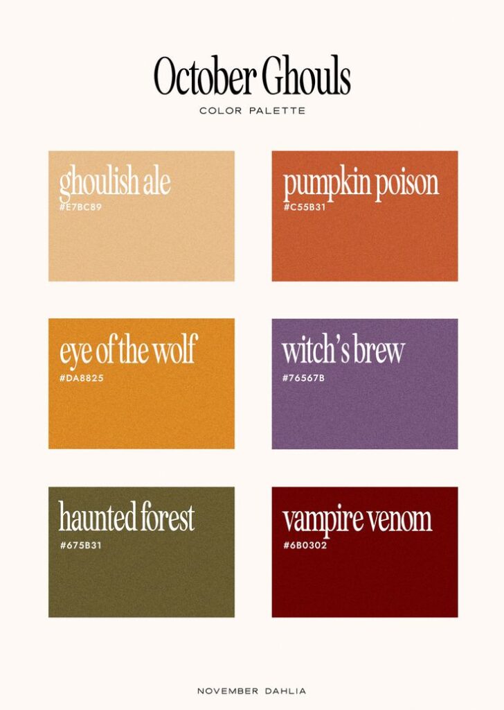 October Ghouls color palette with hues like Ghoulish Ale, Pumpkin Poison, and more. Designed by November Dahlia.