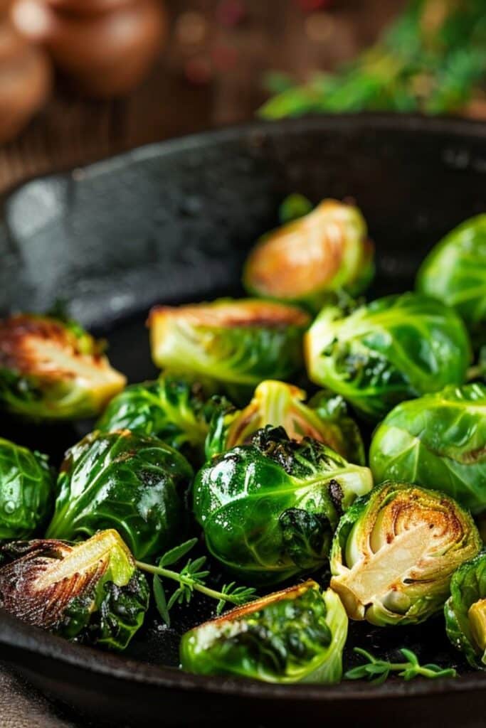 Roasted Brussels sprouts in a skillet, garnished with fresh herbs for a delicious and healthy side dish.