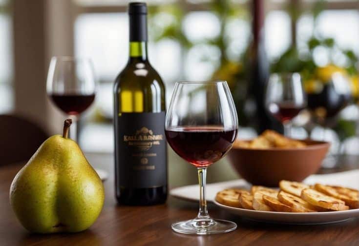 Red wine and glass with pear and crostini on a table, creating a cozy dining atmosphere.