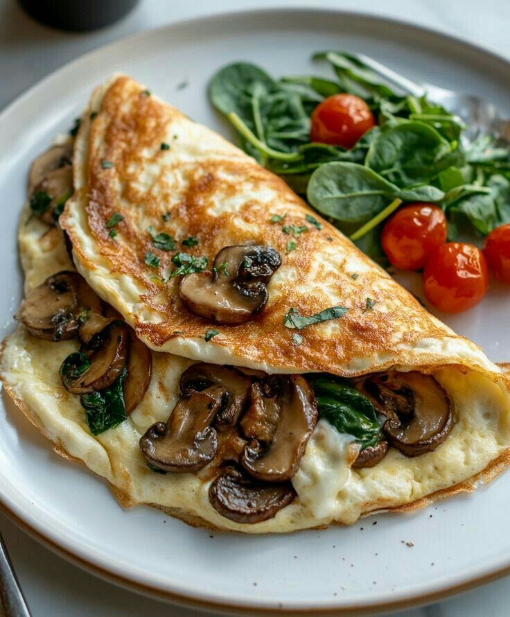 Delicious mushroom omelette with spinach served with fresh cherry tomatoes and leafy greens on a white plate.