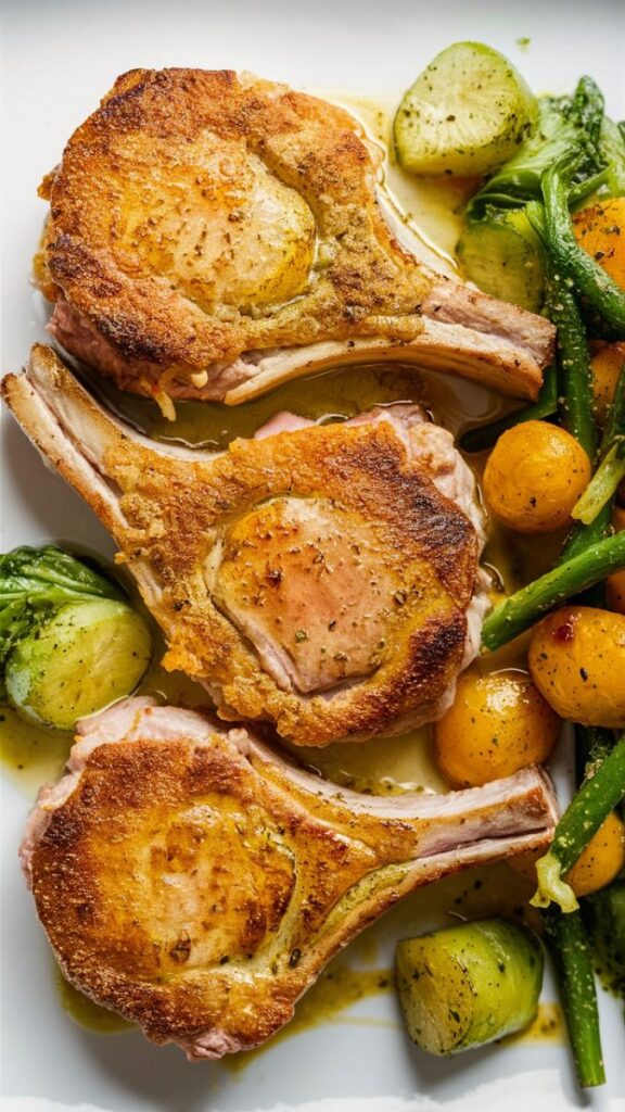 Grilled lamb chops with roasted vegetables, including potatoes, green beans, and zucchini, served on a white plate.