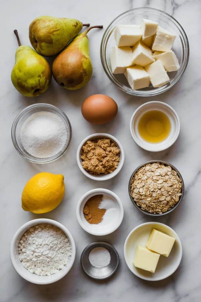 Baking ingredients flat lay with pears, butter, sugar, egg, and lemon on a marble countertop. Perfect for recipes.