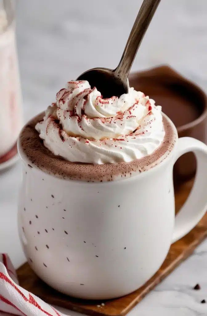 Creamy hot chocolate in a white mug topped with swirled whipped cream and sprinkled cocoa, spoon inserted.