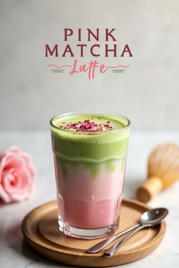 Pink and green matcha latte in a glass, garnished with rose petals, on a wooden tray with a spoon and rose nearby.