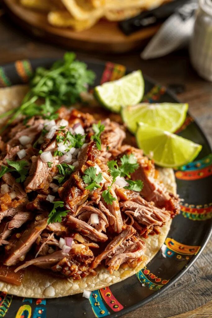 Pulled pork carnitas taco garnished with onions, cilantro, and lime on a colorful plate.