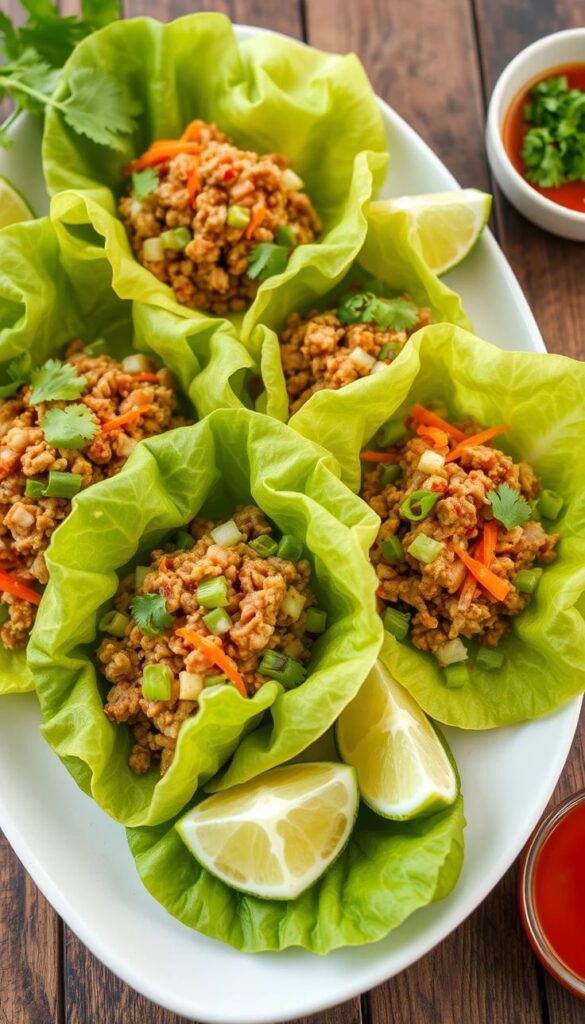Lettuce wraps with seasoned ground meat, carrots, and green onions, garnished with lime wedges on a white plate.
