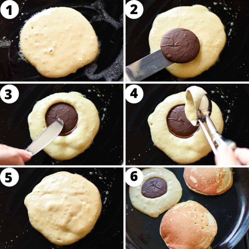 Step-by-step guide to making chocolate-stuffed pancakes on a skillet, showing each stage from batter to finished pancake.