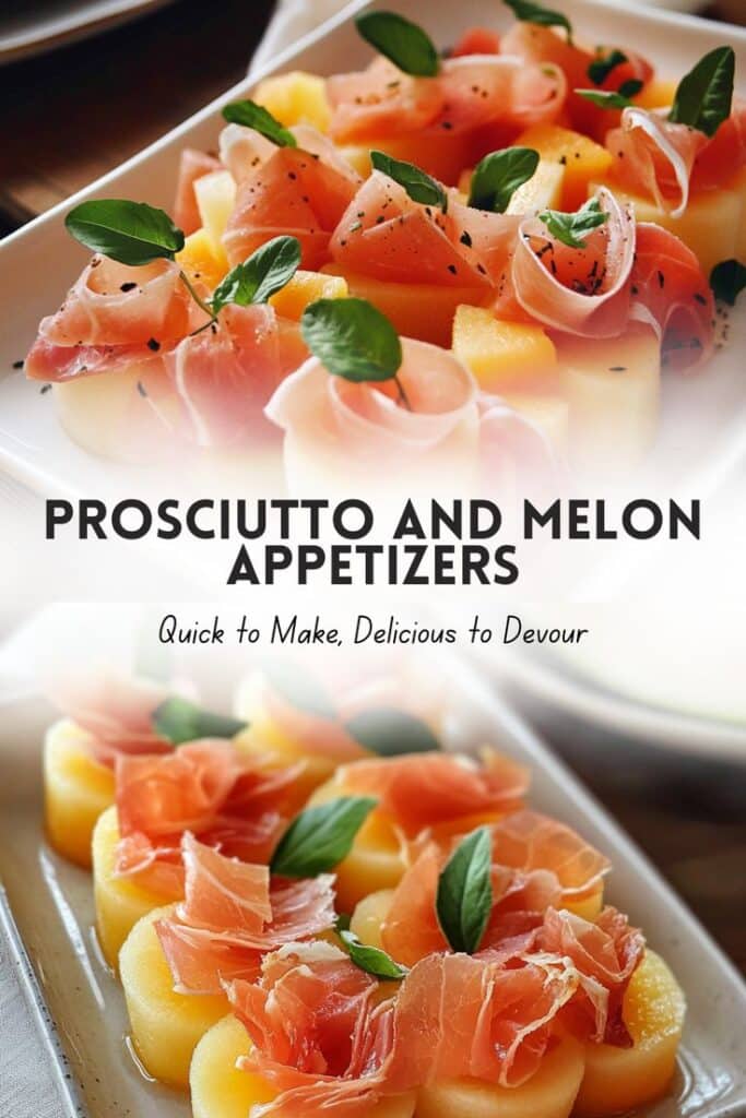 Prosciutto and Melon Appetizers Sweet Savory and Refreshingly Delicious - 10 Crowd-Pleasing Appetizers That Will Wow Your Party | Prosciutto and melon appetizers garnished with fresh basil on a white platter. Quick, delicious, and easy to make.