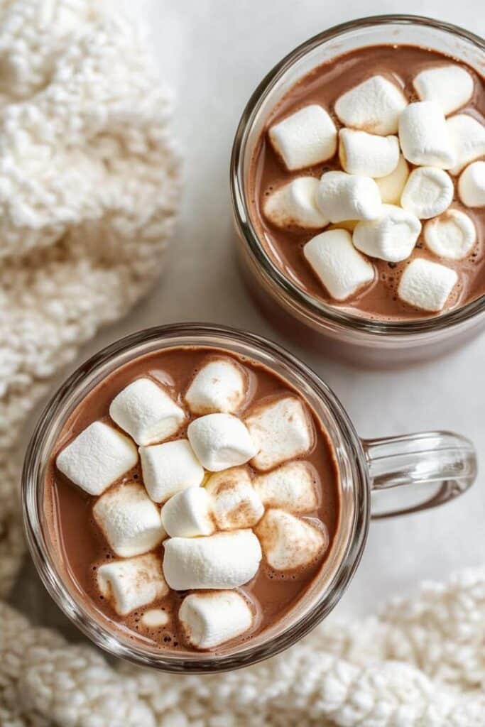 Mugs of hot chocolate topped with fluffy marshmallows, beside a cozy knitted blanket.