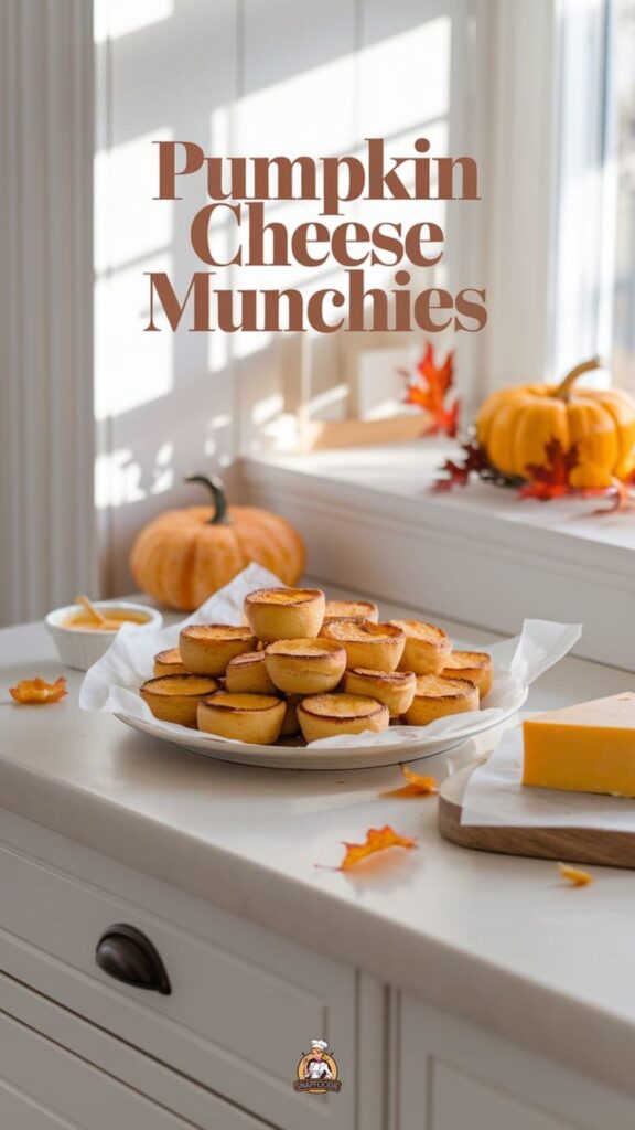 Plate of pumpkin cheese munchies on a countertop with autumn decor.