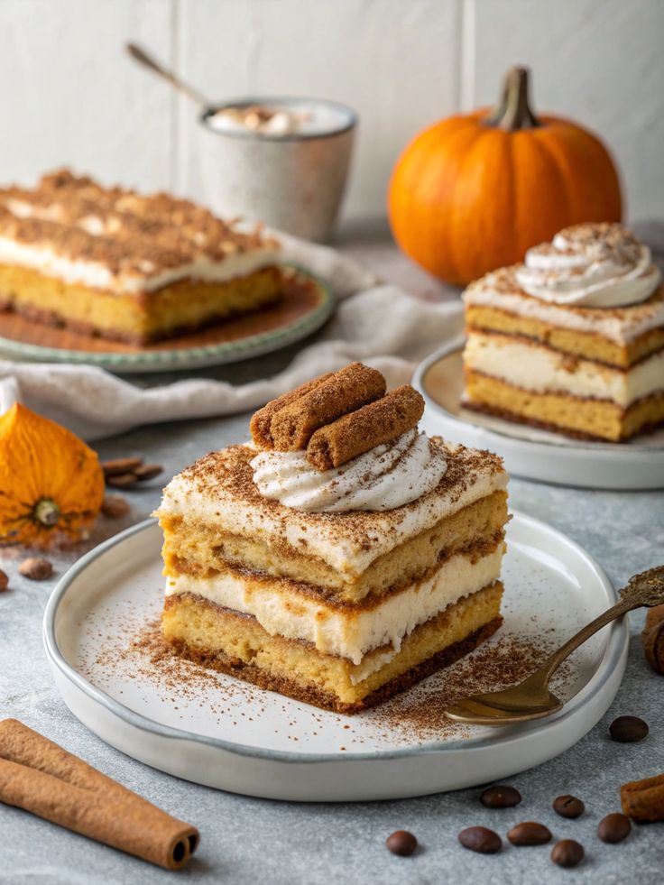 Pumpkin tiramisu dessert with cream and cookies, garnished with cinnamon, on a white plate with autumn decor in background.