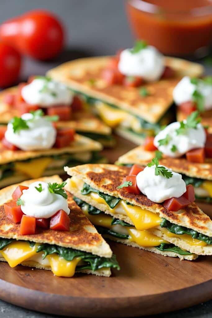 Vegetable quesadillas with cheese, topped with sour cream and tomatoes on a wooden platter.