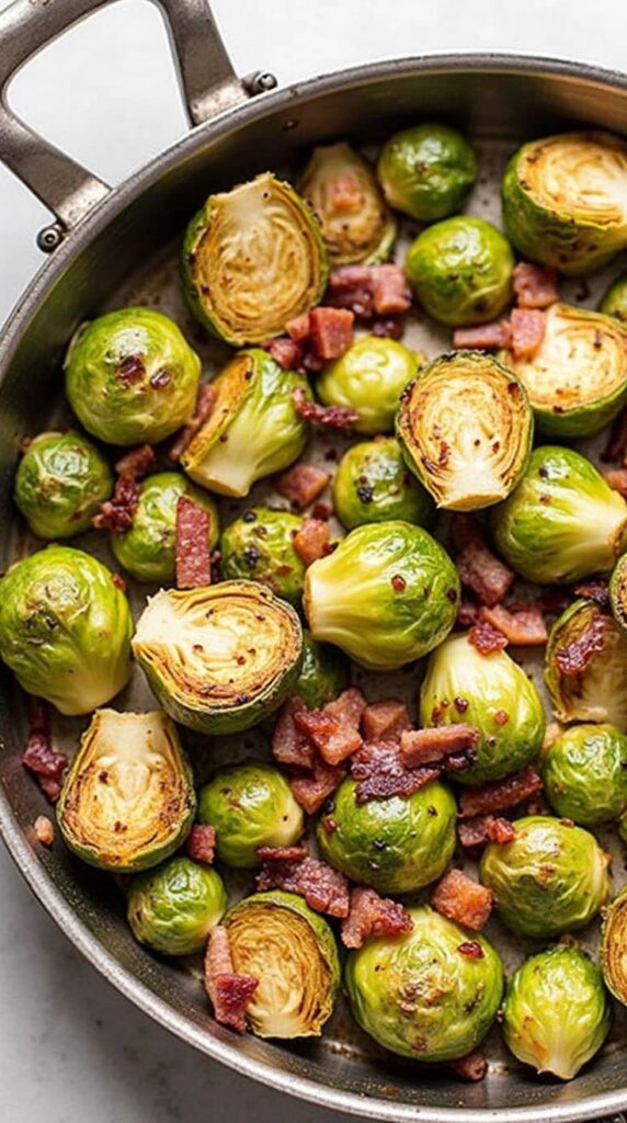 Sautéed Brussels sprouts and crispy bacon in a pan, showcasing a delicious side dish cooked to perfection.