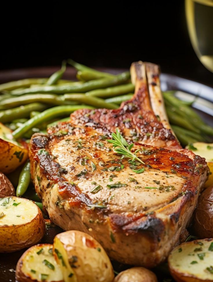 Grilled pork chop with rosemary, served with roasted potatoes and green beans, garnished with herbs.