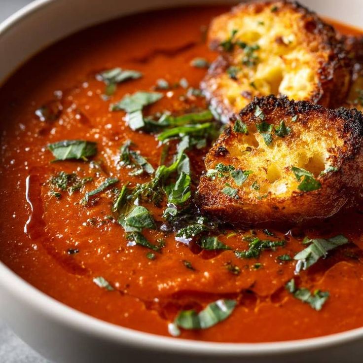 Tomato soup topped with crispy croutons and fresh herbs in a white bowl, offering a delicious and comforting meal.