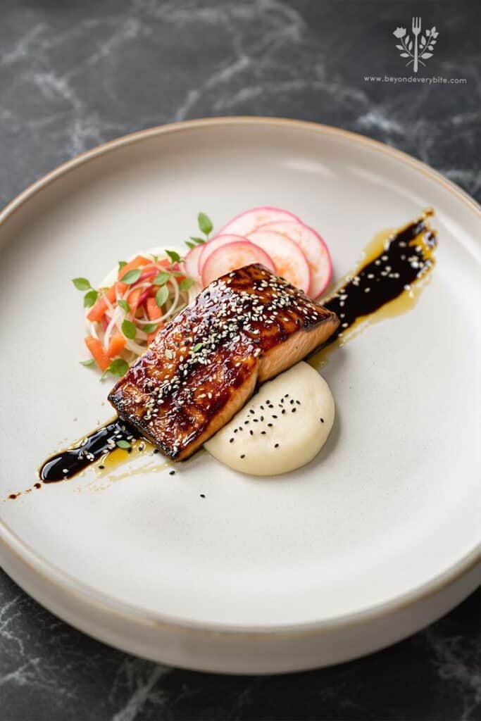 Gourmet salmon fillet with glaze, served with radish salad and puree on an elegant plate.