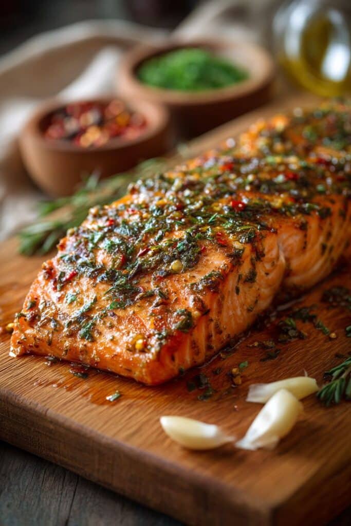Grilled salmon with herbs and spices on a wooden board, served with fresh garlic and greens in the background.