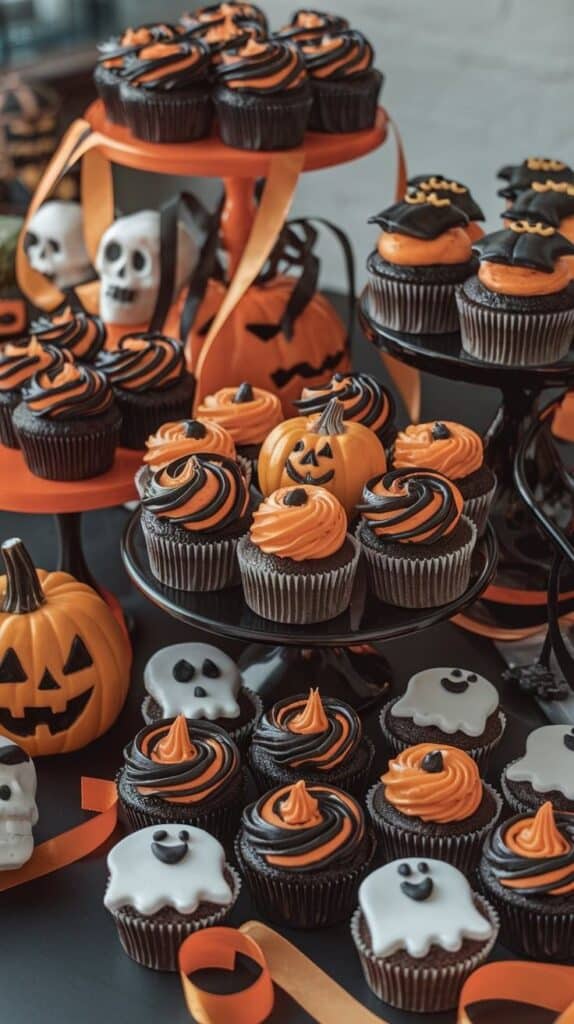 Halloween-themed cupcakes with ghost and pumpkin designs, perfect for a spooky celebration display.