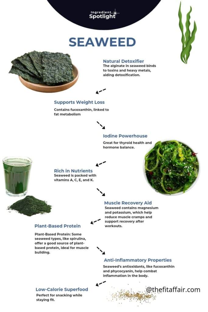 Infographic highlighting seaweed benefits: detoxifying, weight loss, nutrient-rich, protein source, anti-inflammatory.