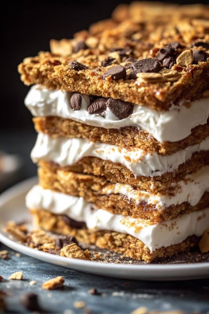 Decadent layered dessert with cream and chocolate chips on a white plate.
