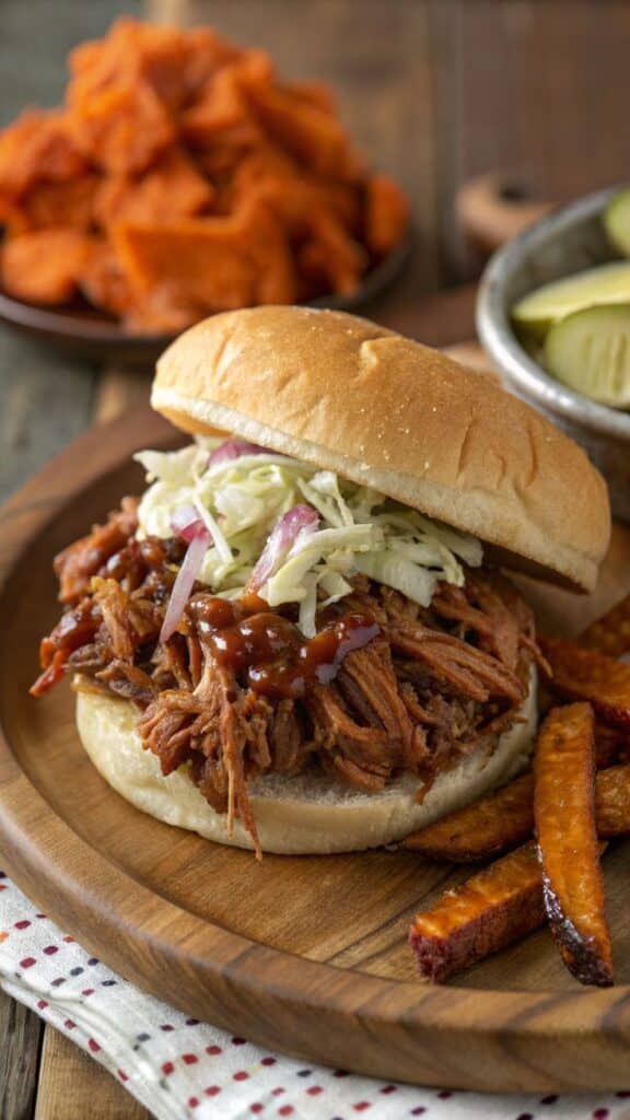Pulled pork sandwich with coleslaw and sweet potato fries on a wooden plate, perfect for a savory barbecue meal.