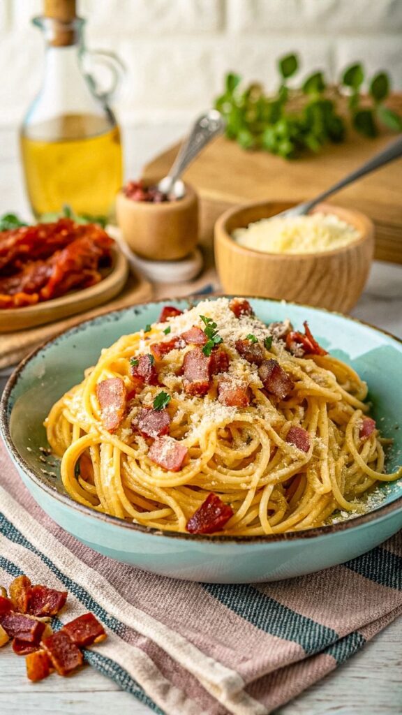 Delicious spaghetti carbonara topped with crispy bacon and parmesan in a bowl, served on a rustic table setting.