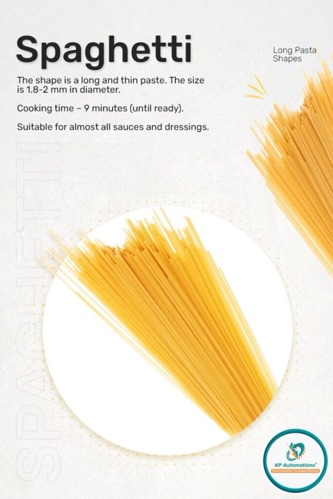 Spaghetti bundle with cooking info; 9 min prep, 1.8-2 mm diameter, versatile with sauces and dressings.