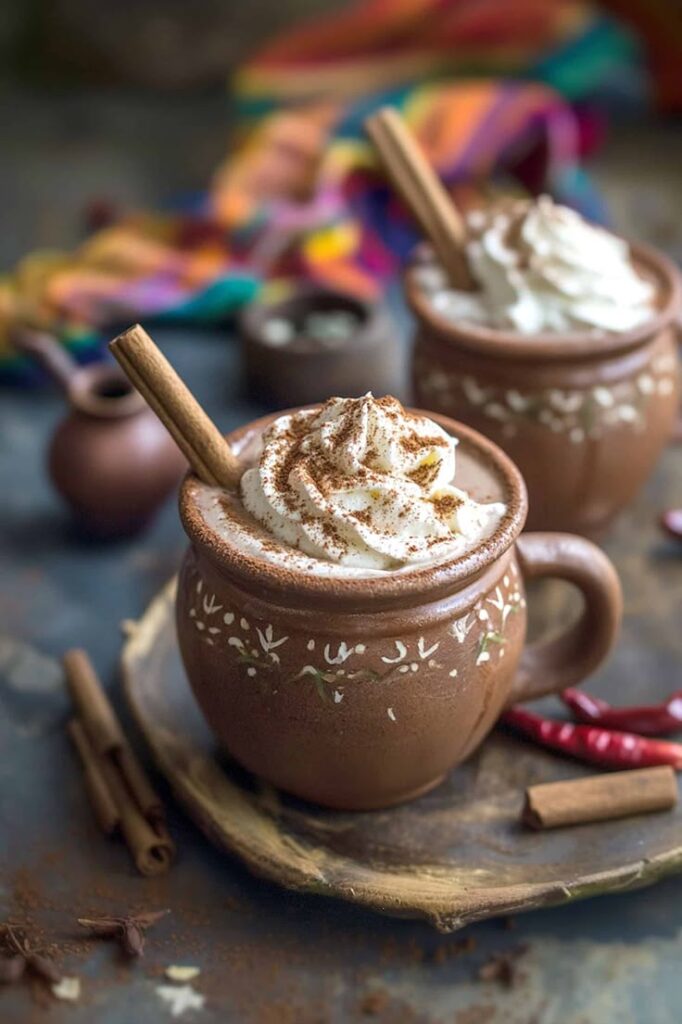 Mexican hot chocolate in clay mugs topped with whipped cream and cinnamon sticks, with colorful background.