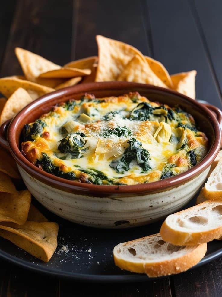 Spinach Artichoke Dip - 10 Crowd-Pleasing Appetizers That Will Wow Your Party | Spinach artichoke dip with tortilla chips and bread slices, served in a rustic bowl on a dark wooden table.