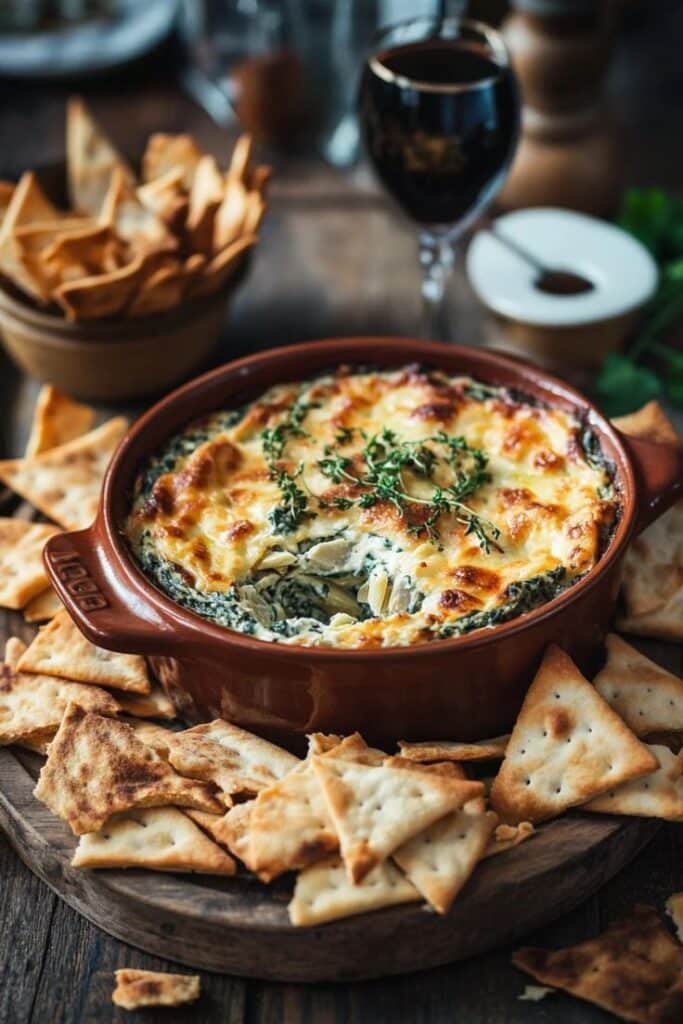Spinach and Artichoke Dip with Pita Chips - 10 Crowd-Pleasing Appetizers That Will Wow Your Party | Creamy spinach artichoke dip in a baking dish with crackers, paired with a glass of red wine on a rustic table setting.