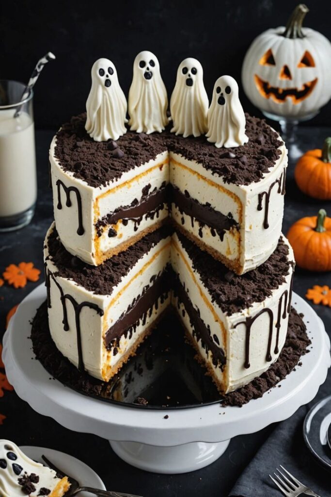 Halloween cake with ghost toppers and chocolate layers on white stand, surrounded by pumpkins and Jack-o'-lantern.