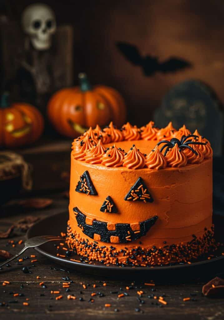 Spooky Halloween cake with orange frosting, Jack-o'-lantern face, and black decorations on a dark background.