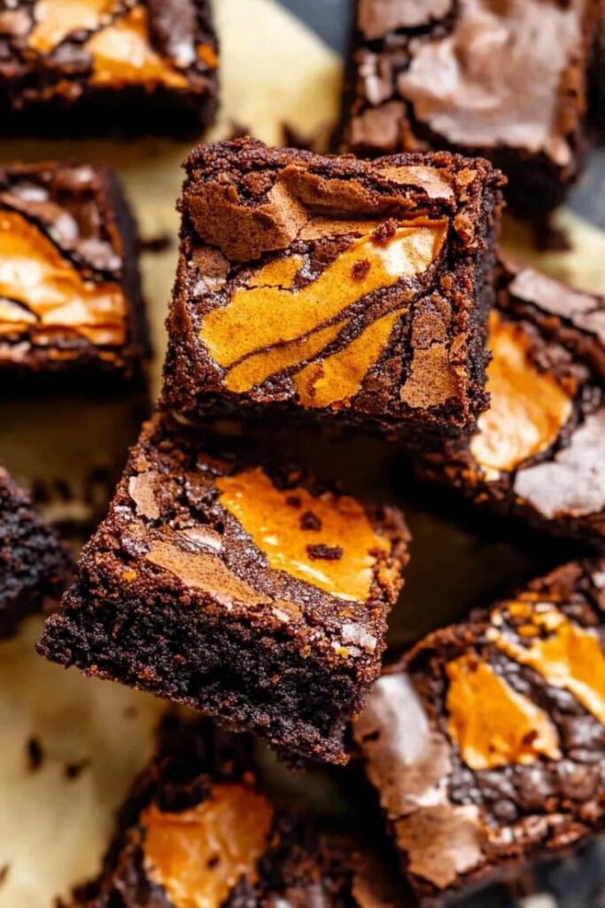 Rich fudgy brownies with a swirl of golden caramel on top, stacked closely together, perfect for dessert lovers.