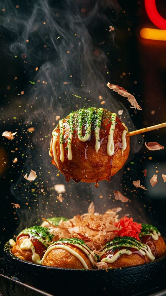 Takoyaki topped with mayo and bonito flakes, steaming hot on skewers, ready to be served.