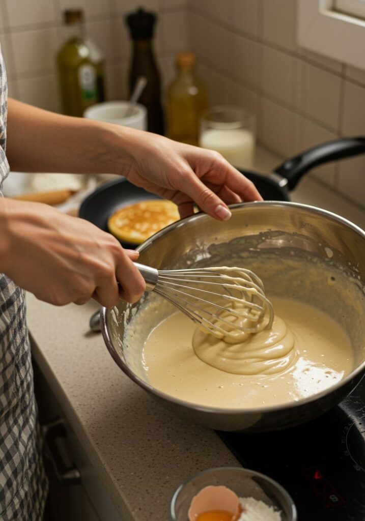 Person whisking pancake batter in a bowl near stove, preparing breakfast in a cozy kitchen setting.