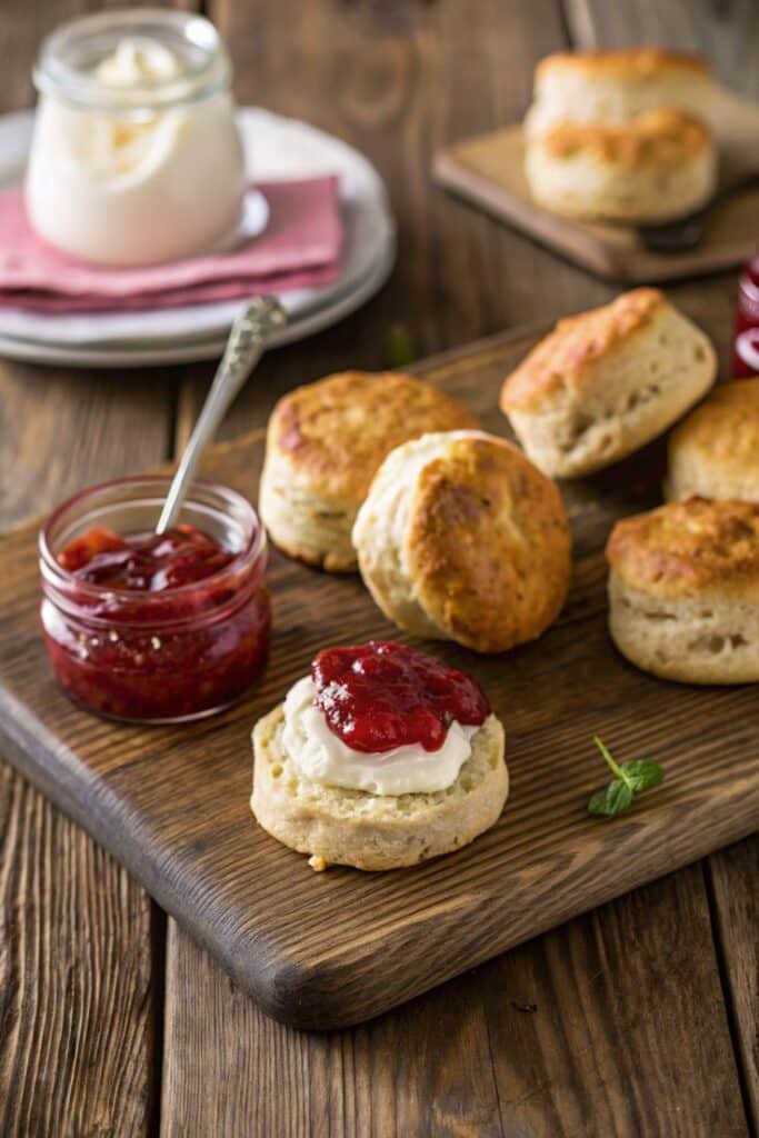 Fresh scones with clotted cream and strawberry jam on a rustic wooden board, perfect for afternoon tea.