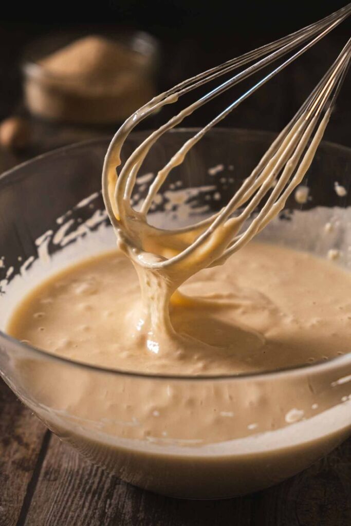 Whisk mixing creamy batter in glass bowl, ideal for baking recipes and culinary inspiration.