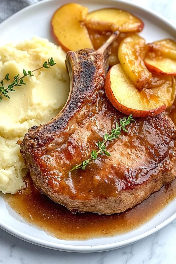 Grilled pork chop with apple slices and mashed potatoes, served with gravy, garnished with fresh herbs.