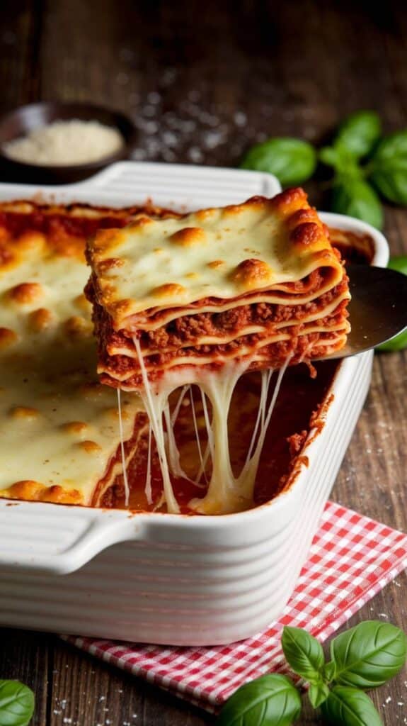 Cheesy homemade lasagna slice being served from a baking dish, garnished with fresh basil leaves on a wooden table.