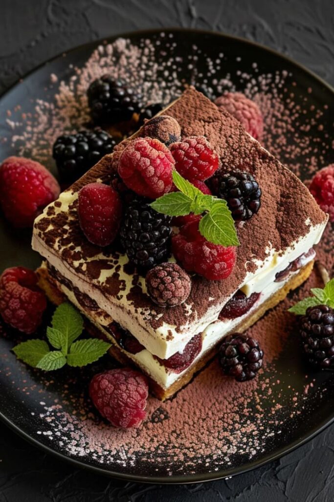 Tiramisu dessert topped with fresh berries and mint, dusted with cocoa on a black plate.