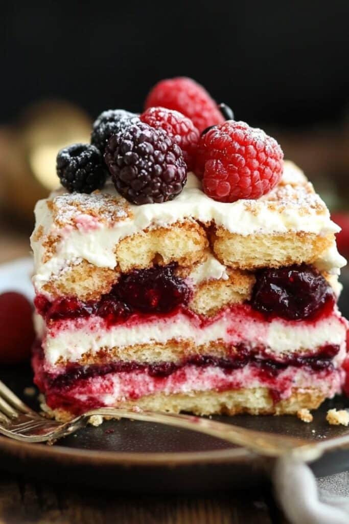 Layered berry tiramisu dessert with cream and fresh berries on top, served on a plate.