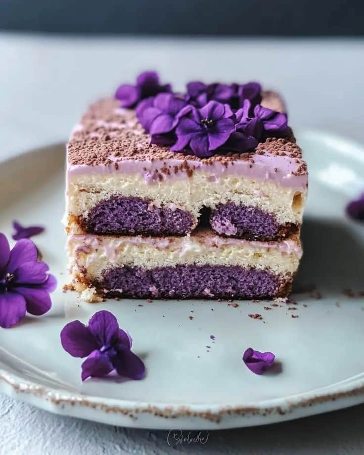 Purple layered cake topped with vibrant flowers on a white plate, elegant dessert presentation.