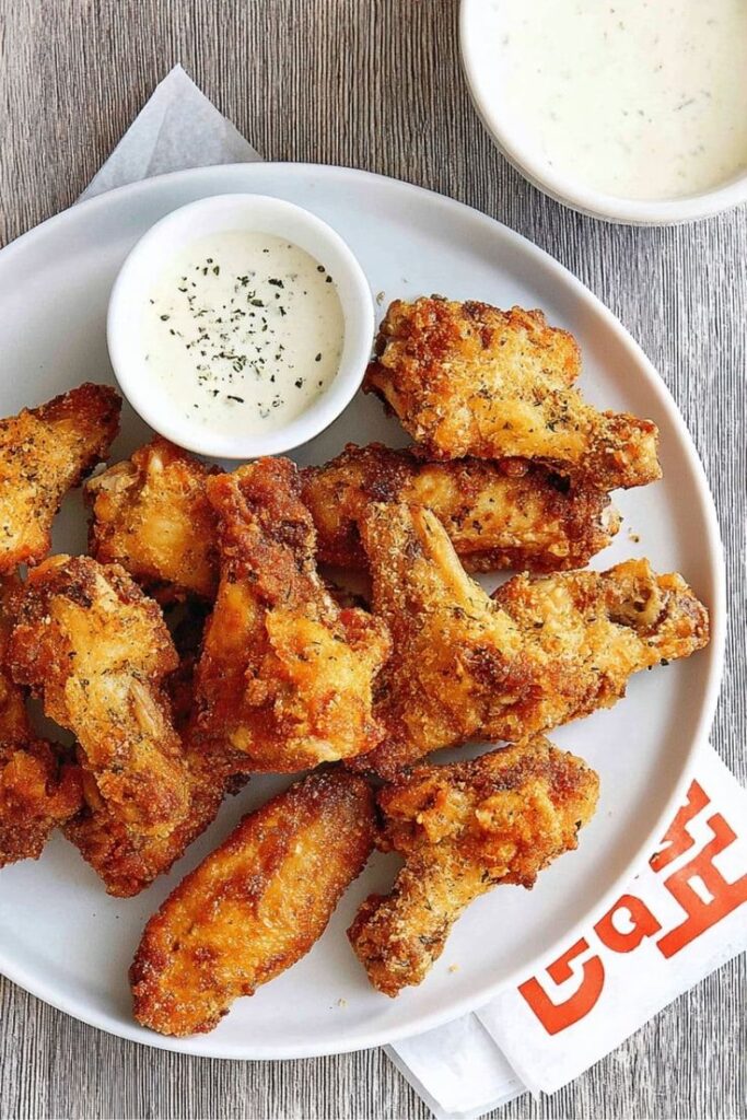 Ultimate Crispy Garlic Parmesan Chicken Wings Recipe - 10 Crowd-Pleasing Appetizers That Will Wow Your Party | Crispy fried chicken wings on a plate with creamy dipping sauce, perfect for a delicious appetizer or snack.