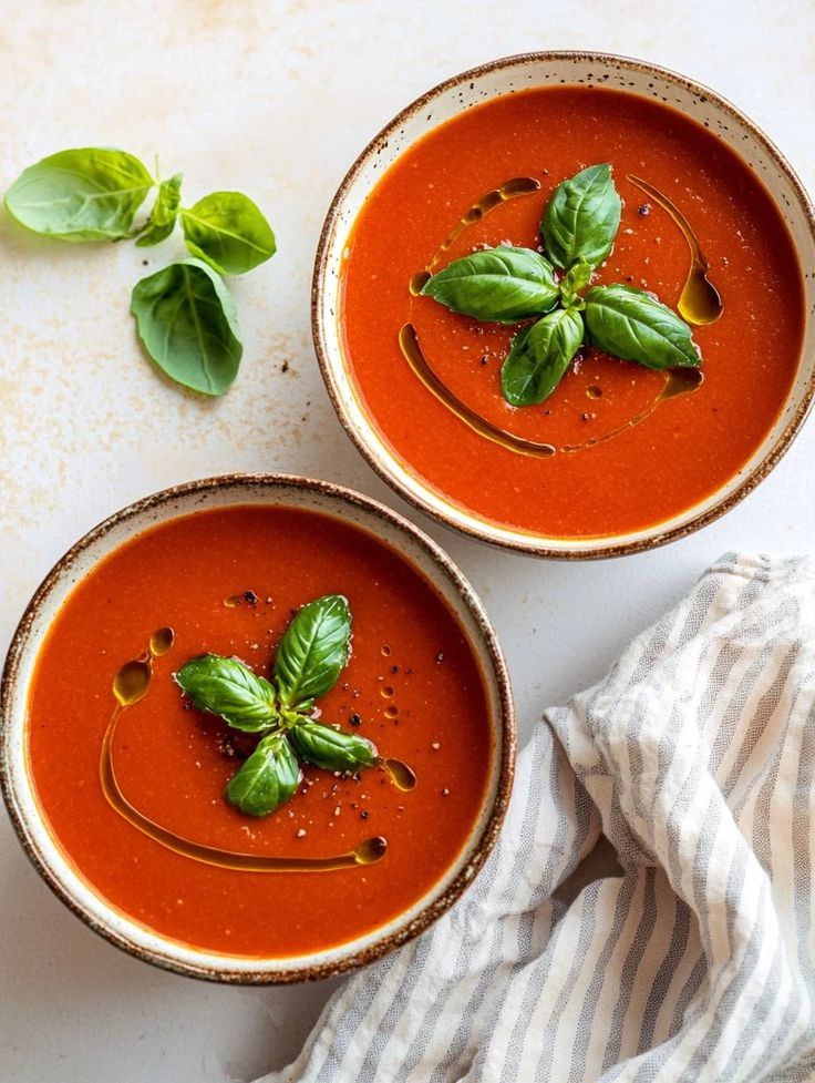 Two bowls of tomato soup garnished with basil and olive oil, paired with fresh basil leaves and a striped napkin.